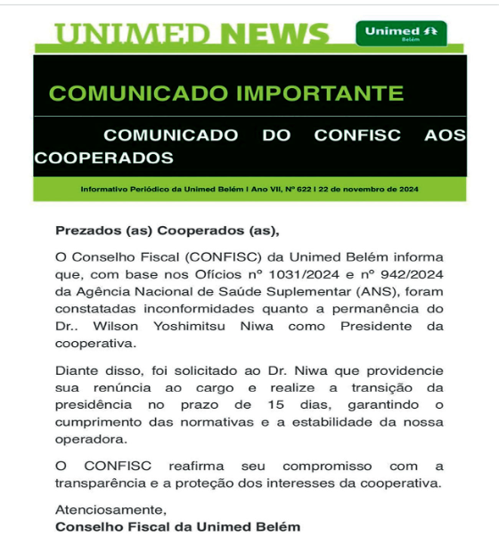 Conselho Fiscal dá prazo de 15 dias para CEO Wilson Niwa renunciar ao cargo na Unimed Belém